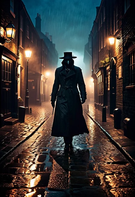 the horrors of the night, scary, demon, whispers in the night, midnight, fog, rain, plague doctor, london, cobblestone street
