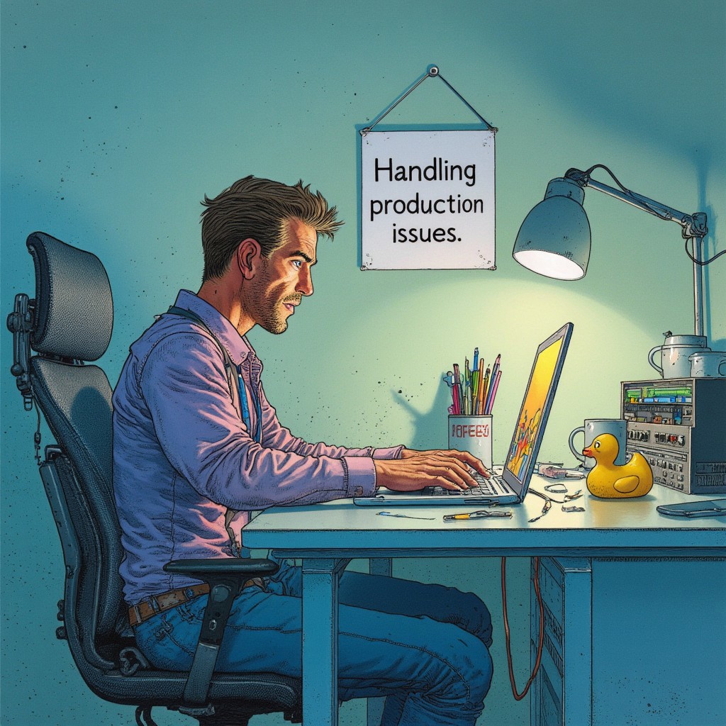 a developer at an office desk with a laptop, text "Handling production issues" written on a sign in the wall, screen light on his face, frustrated expression on his face, a hot mug of coffee and a yellow rubber duck on desk. moebius, moebius-style