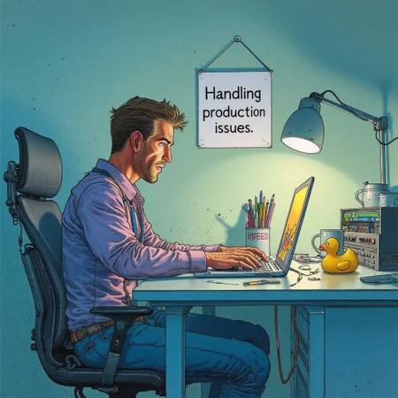 a developer at an office desk with a laptop, text "Handling production issues" written on a sign in the wall, screen light on his face, frustrated expression on his face, a hot mug of coffee and a yellow rubber duck on desk. moebius, moebius-style