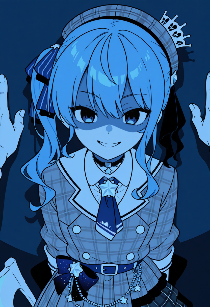 1girl, solo focus, hoshimachi_suisei_\(1st_costume\), looking_at_viewer, holding_axe, crazy_smile, (anime coloring, crisp edges:1.2), intense shadows, monochrome, lineart, limited palette, simple background, vivid colors, bright colors, blue theme, masterpiece, very aesthetic, absurdres, flat color, no lineart, povkabedon,<segment:yolo-AnzhcFace-seg_640_v3_y11n.pt-1,0.3,0.15//cid=11>