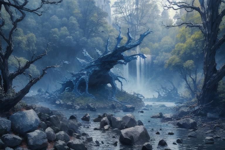 (Realistic:1.5) EdobLandscapeAlpha , outdoors, thorns, signature, blue theme, evening, alien, bridge, solo, rock, forest, <lora:EdobLandscapeAlpha_v1.0:0.8>
