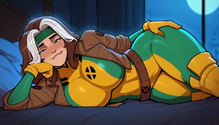 masterpiece,best quality, mrporty, beautiful lighting, dramatic lighting, night time, night, moonlight, cold lighting, 1girl, solo, X-MenRogue, multicolored hair, two-tone hair, (white bangs:1.1), brown hair, green eyes, multicoloured bodysuit, green bodysuit, yellow bodysuit, brown jacket, thick thighs, emblem on chest, large breasts, yellow thigh-high boots, high-heel boots, green headband, yellow gloves, loose belt, facing viewer, lying on side, resting head on hand, hand on hip, looking at viewer, blushing, biting lip, eyes wide, excited, depth of field, blurry background, bedroom, bed, night time, night, moonlight,