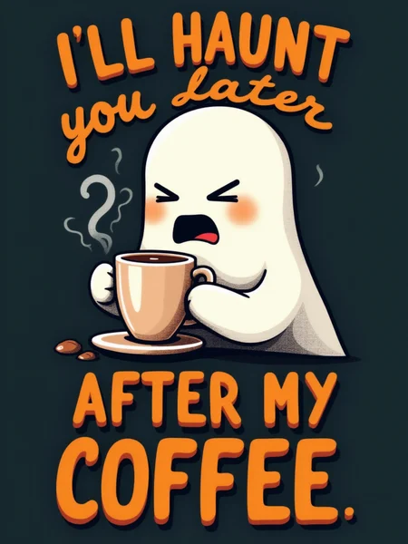 (the words "I'll haunt you later, after my coffee" in bold orange at the bottom:2.0), a ghost sipping coffee and yawning, text focus, <lora:Text_Logo_-_Style:1>