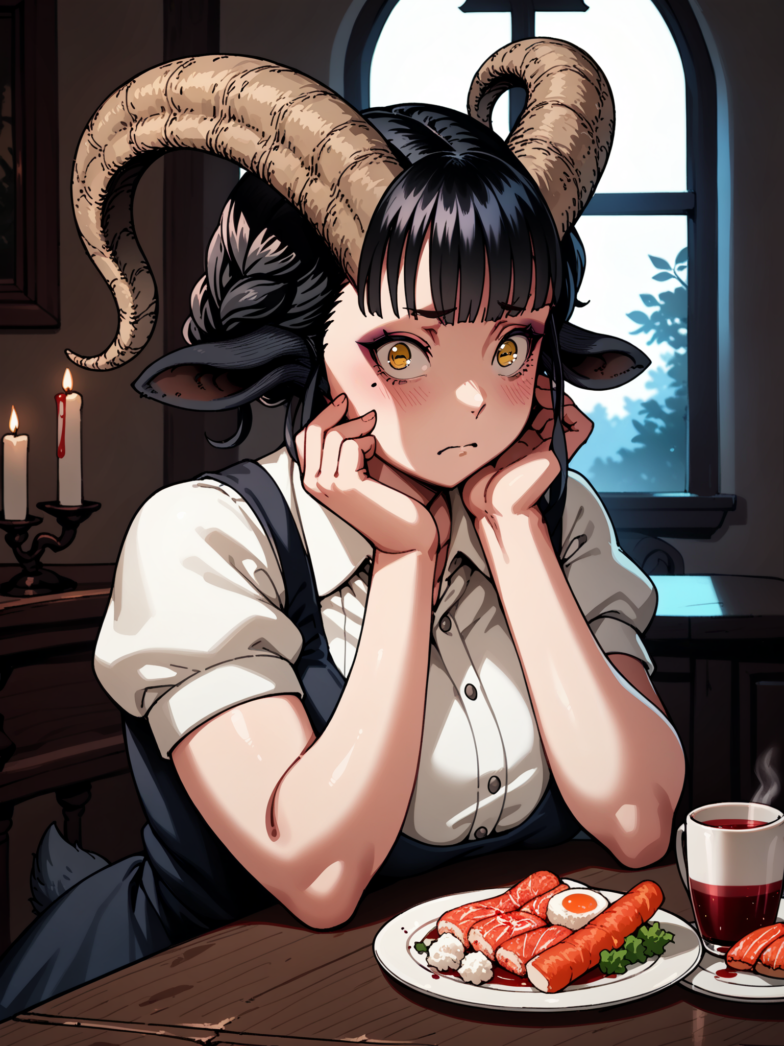 (upper body, solo:1.1) <lora:happy_tentacle-maya-v0.6-000026:1>, ht_maya, satyr, goat girl, goat horns, goat tail, hooves, large breasts, yellow eyes, plump, thick thighs, black hair, (petite:1.2), <lora:Shed_The_Skin's StS_age_slider_v1_initial_release:-1.2> ( :1.1) blood ( , , (confused :1.2) , (heavy breathing:0.8) , :1.2) , indoors, ((night, night sky :0.6), (blue sky:0.6) :0.8), ( window :0.9), (furniture:0.9), , , , , (medieval :0.8) , fast food , (chair, table:0.5), (sushi , tea :0.8) ( :0.8) score_9, score_8_up, score_7_up, score_6_up, score_5_up, score_4_up, ( [(realistic, photorealistic:1.3):(realistic:1.2):14] [(3d:1.2)::12] :1) <lora:LUUNA's Lunas-NijiJourney-SDXL-B2:0.65>, nijijourney <lora:prgfrg23's Counterfeit-V3.0 Style SDXL_LoRA_Pony Diffusion V6 XL:0.35> <lora:mfcg's mfcgXL:0.12> <lora:reweik's gyokai(himehajime)_PonyXL_style_v01:0.14>