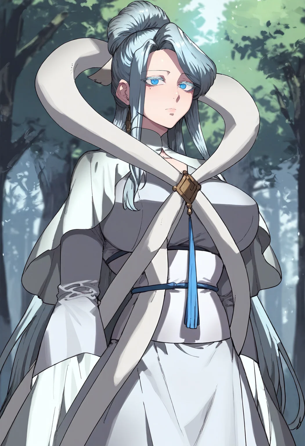 score_9, score_8_up, score_7_up, score_6_up, source_anime, rating_explicit, 1girl, (solo:1.1), huge breasts,<lora:Naeng-agbi prefectPonyxl:0.9> single hair bun, long hair, grey hair, blue eyes, light blue hair, colored eyelashes, hair ornament, sidelocks, parted bangs, white capelet, shawl, white shirt, white dress, grey dress, long sleeves, wide sleeves, sash, expressionless, forest, outdoors, looking at viewer