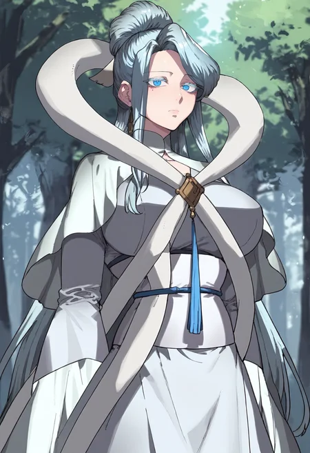score_9, score_8_up, score_7_up, score_6_up, source_anime, rating_explicit, 1girl, (solo:1.1), huge breasts,<lora:Naeng-agbi prefectPonyxl:0.9> single hair bun, long hair, grey hair, blue eyes, light blue hair, colored eyelashes, hair ornament, sidelocks, parted bangs, white capelet, shawl, white shirt, white dress, grey dress, long sleeves, wide sleeves, sash, expressionless, forest, outdoors, looking at viewer