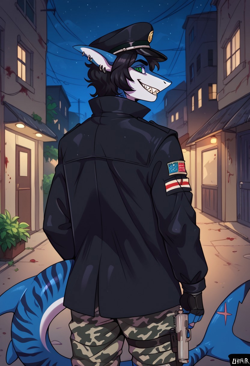 ziffir_stylepxl,  score_9, score_8_up, score_7_up, 1boy, solo, lunarsunxl, anthro shark,dark blue skin, stripes on the body, short hair,lush hair,black hair, green eyes, shark tail, ear piercing, BREAK, black officer's cap of the USSR soldiers, long black leather raincoat, black fingerless gloves, camouflage pants, rear view turns to the viewer, predatory gaze, crazy eyes, wide smile, shark teeth, bloody face, holding a mauser pistol, background night alley of the city, night, dark atmosphere, horror