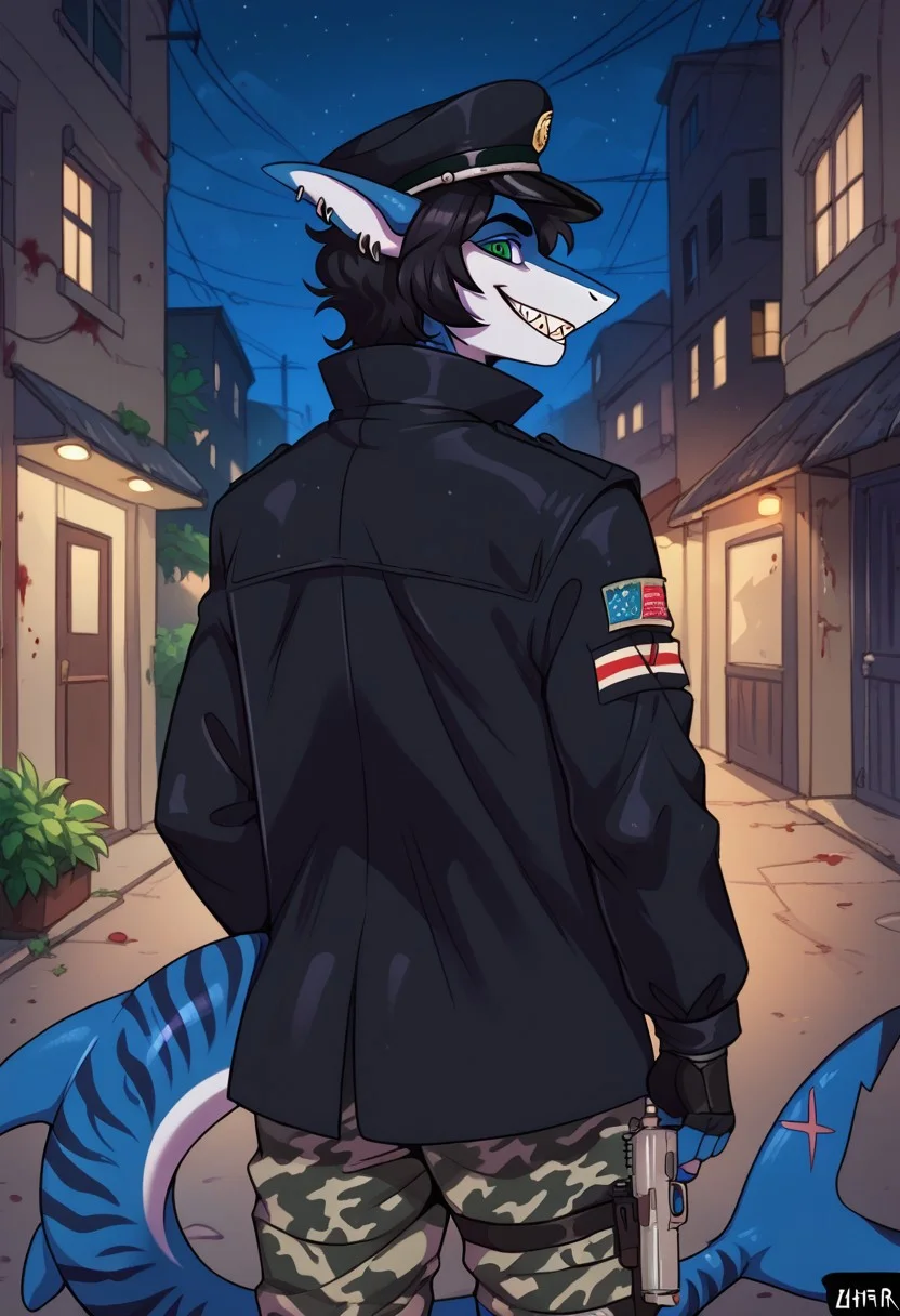 ziffir_stylepxl, score_9, score_8_up, score_7_up, 1boy, solo, lunarsunxl, anthro shark,dark blue skin, stripes on the body, short hair,lush hair,black hair, green eyes, shark tail, ear piercing, BREAK, black officer's cap of the USSR soldiers, long black leather raincoat, black fingerless gloves, camouflage pants, rear view turns to the viewer, predatory gaze, crazy eyes, wide smile, shark teeth, bloody face, holding a mauser pistol, background night alley of the city, night, dark atmosphere, horror