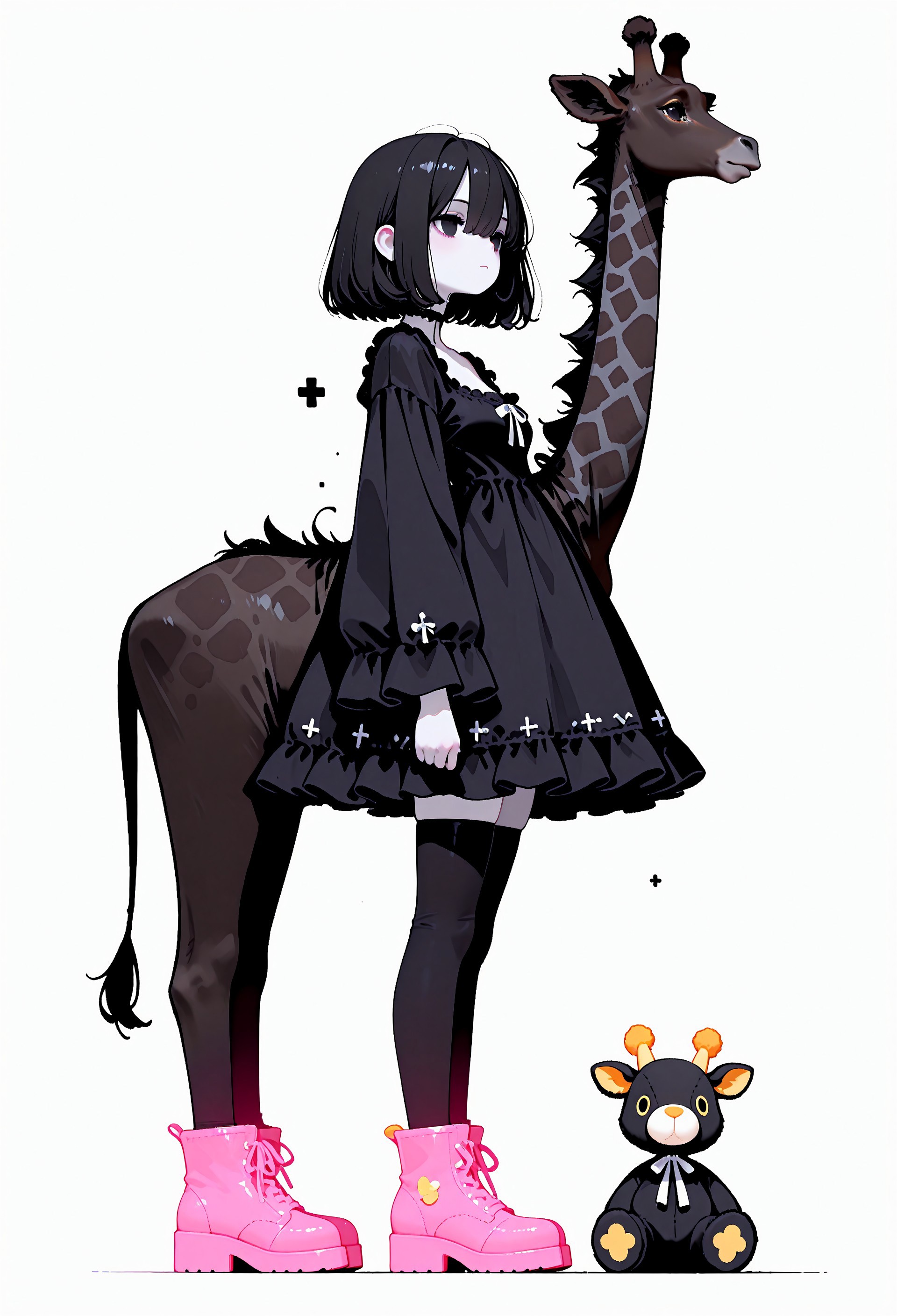 masterpiece, newest,absurdres,incredibly absurdres, best quality, amazing quality, very aesthetic,no lineart,no outline,minimalism, blending, 1girl, solo, black hair, bob cut, hair between eyes, (black eyes:0.5), expressionless, standing, from side, pale skin, goth fashion, frilled dress, square neckline, black thighhighs, zettai ryouiki, pink ankle boots,  stuffed animal, animal focus, giraffe, solid white background,