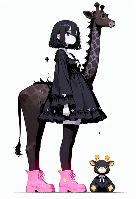 masterpiece, newest,absurdres,incredibly absurdres, best quality, amazing quality, very aesthetic,no lineart,no outline,minimalism, blending, 1girl, solo, black hair, bob cut, hair between eyes, (black eyes:0.5), expressionless, standing, from side, pale skin, goth fashion, frilled dress, square neckline, black thighhighs, zettai ryouiki, pink ankle boots,  stuffed animal, animal focus, giraffe, solid white background,