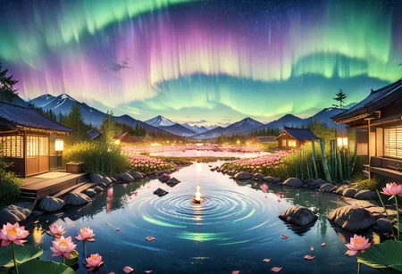 cinematic, (masterpiece), (best quality), (ultra-detailed), very aesthetic, illustration, perfect composition, intricate details, absurdres, (anime, masterpiece, intricate:1.3), (best quality, hires textures, high detail:1.2), (4k),(incredibly detailed:1.4)
houses near hot spring, mist, rocks, Peony, glittery mist, moonlight, sky, lots of stars in the sky, water reflections of the night sky, (bamboo), aurora, lotus floating on water with candle, flower petals in the water, moon in the sky, Anime art style, <lora:more_details:0.5>