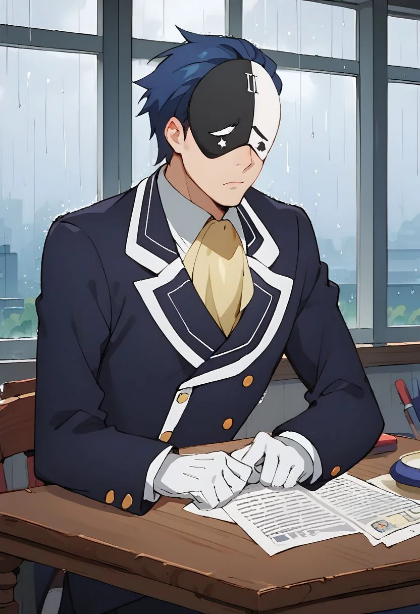 score_9, score_8_up, score_7_up, source_anime, rating_safe, official style, anime screencap, 1boy, vanir, male focus, closed mouth, sad, gloves, formal, suit, upper body, necktie, jacket, ascot, window, arms on table, by the window, indoors, gloomy, raining, dark blue overlay, foggy, pale, dark shadow on front,
