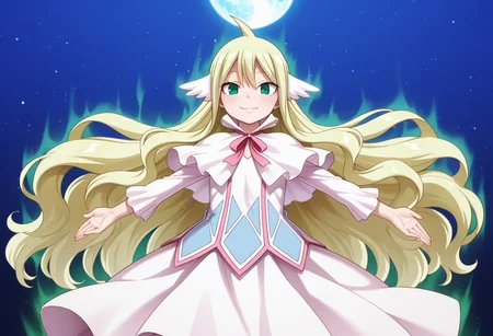 masterpiece, best quality, amazing quality, high resolution, 4k,
night sky, moon in sky, moonlight, twilight,
Mavis_Vermilion, green_eyes, blonde_hair, very_long_hair, ahoge, head_wings, flat_chest, capelet, white_dress, neck_ribbon,
full body,
fantasy, magical aura around the body,
with open arms,
wind blowing hair, look full of superiority, proud smile, slightly squinted eyes,
looking at viewer, cowboy shot, solo,