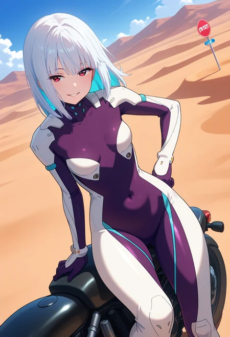 masterpiece, best quality, amazing quality, 1girl, solo, luluww, red eyes, white hair, medium hair, bangs, colored inner hair, small breasts, pilot suit, multicolored bodysuit, white bodysuit, purple bodysuit, covered navel, <lora:Lulu_Bravern_ill_v11:0.9>, dutch angle, seductive smile, parted lips, hand on own hip, looking at viewer, motor vehicle, motorcycle, riding, outdoors, day, desert, sand, road, cloud, mountain, road sign, blue sky, skindentation, detailed clothing folds, depth of field, sharp, dynamic light