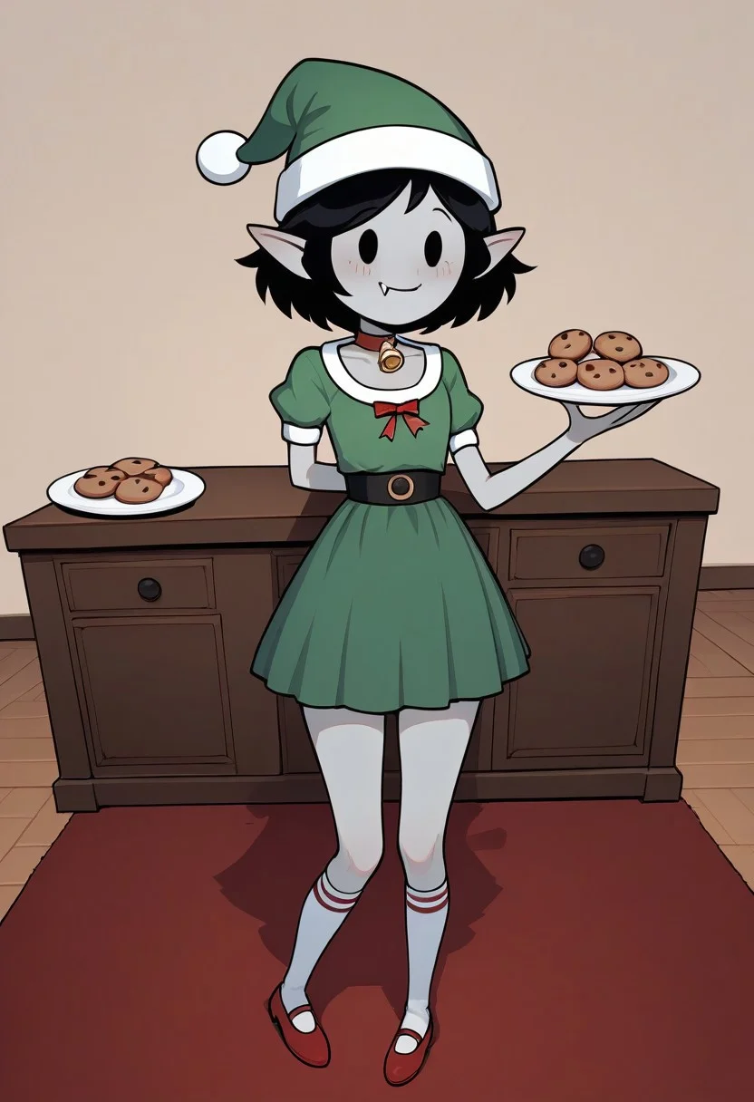 (score_9 | score_8_up | score_7_up)
((masterpiece:1))(best quality,very high quality,ultra detailed:1.2)
(2D,anime style:1)(lora:add-detail-xl:1)(Smooth:2)(clean blurring)
(four fingers on each hand,one thumb on each hand:1)
(detailed hands:1)(extra detailed,realistic eyes)
(solo,alone,one character)(anatomically correct)
(detailed face and eyes:1)(precise face and eyes:1)
|
(front view,full body view,focus on chest)
(lowlight,candel light,partially illuminated,romatic,dimlights)
(Indoors,midday,ceramic floor,red carpet,kitchen background)
(small christmas tree)(standing,on floor)
(Behind table,wooden table)(holding plate with cookies)
(blush,shy smile)(christmas outfit:1)(bell collar)
(green hat,festive green shirt,green skirt,socks,bell shoes)
|
(marci,grey skin,black hair,short hair,dot eyes,fangs,pointy ears)
(flat chest,thin arms,skinny waist,narrow waist,skinny thighs,skinny legs)