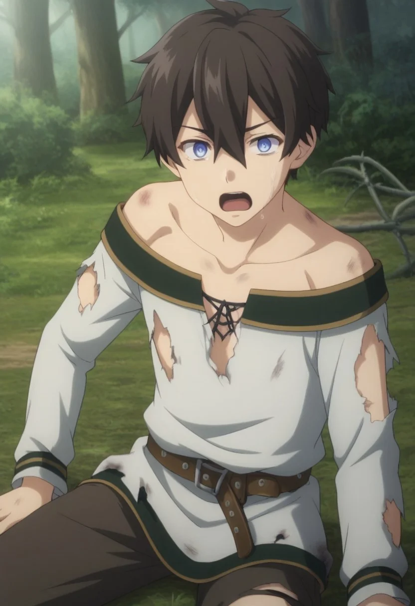 score_9, score_8_up, score_7_up, source_anime, cowboy shot,
BREAK,
(
sybil_dow,
best eyes,
looking at viewer,
off-shoulder shirt, ((damaged, torn, stripped down)), browm belt, brown pants,
sitting on ground, on side,
injured, bleeding, cut, screaming, pain, exposed chest,
)
1boy, male focus, solo,
BREAK, isekai,
open field, forest, thorns,