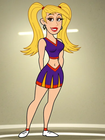 score_9, score_8_up, score_7_up, (toon \(style\):1),(flat colors:1),facing viewer,ultra high quality,ultra high resolution,ultra , seductive,(extremely detailed), detailed background,,(masterpiece, best quality, high quality, highres, ultra-detailed),full body,inside, bedroom in background, spotlight effects.,close up, cowboy shot,   dutch angle ,perfect eyes,perfect face,,narrow waist,perfect breasts,perfect eyes,perfect face,eager expression,earrings,facing viewer, 
<lora:Veronica_Stoppable:0.9> veronica stoppable, toon (style), flat color, freckles, narrow waist,  brown eyes, long hair, pigtails hair, long eyelashes,  long hair, brown eyes, seductive smile, long eyelashes, medium breasts, wide hips, long legs, red lips, looking at viewer,blonde hair, Cheerleader outfit, purple and orange, sleeveless crop top, matching pleated mini skirt, middleton_cheerleader_uniform,
