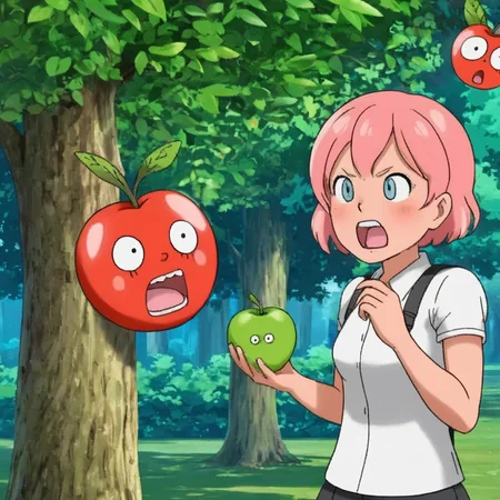 <lora:sapple_SDXL-000006:0.5>
sapple,outdoors, tree,screaming, apple face,
blank eyes, wide-eyed, clenched teeth, blush, day, pokemon (creature), sweat, food focus, colored skin,
best quality, high quality, highres, masterpiece,