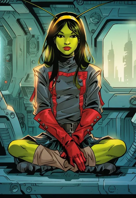 1girl, score_9, score_8_up, score_7_up, masterpiece, high quality, western cartoon, neon lighting, very detailed, depth of field, glowing lighting, full color picture, solo, alone, petite,
1girl, commantis, green skin, antennae, black eyes, green hair, yellow hairband, black hair, long hair, belt, red gloves, navy skirt, navy jacket, buttons, two tone boots, makeup, pface3, 
sitting, full body, looking at viewer, spaceship, futuristic, interior, night, dark, indian style, meditating,
