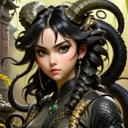 an anime girl wtih black demon horns and snake tails,full body photo,by gaston bussiere, gerome, craig mullins, greg rutkowski, yoji shinkawa