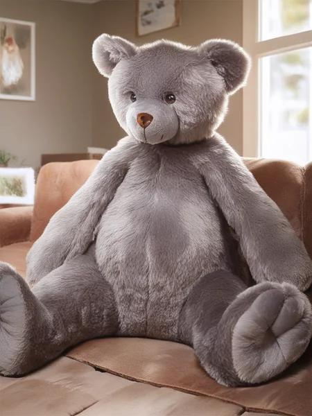 T3DDYB34R, (grey fur), photograph, photorealism, 
sitting, spread legs,  living room, sofa, 
 <lora:Teddybear-PONYXL:0.9>, score_9, score_8_up, score_7_up, high quality,