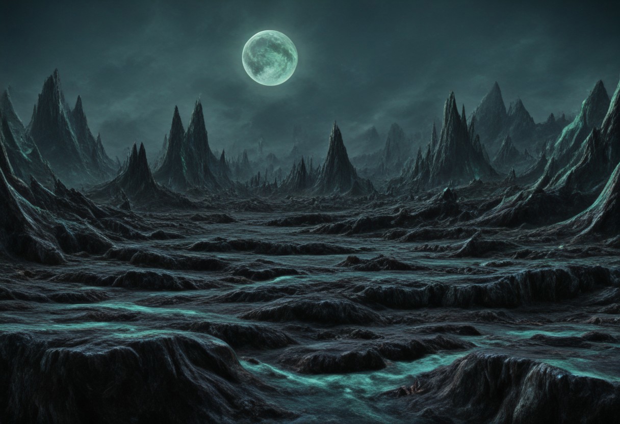 A beautiful landscape at night on an alien world, dramatic lighting, large moon in the sky, jade rocks, waterfalls, deep crevices, uhd, ultra-detailed, photography, f/8 photo, monoprone, nmskyrim