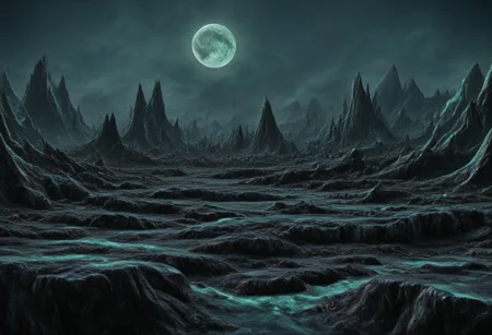 A beautiful landscape at night on an alien world, dramatic lighting, large moon in the sky, jade rocks, waterfalls, deep crevices, uhd, ultra-detailed, photography, f/8 photo, monoprone, nmskyrim