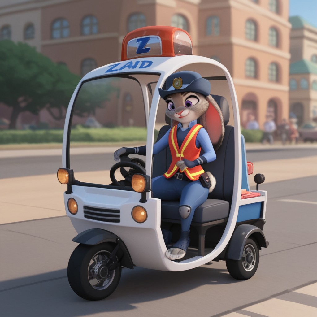 score_9, score_8_up, score_7_up, score_6_up, score_5_up, score_4_up, source_furry, hoppsJudyzt, anthro, female, bunny, grey fur, purple eyes, rabbit ears, rabbit tail, rabbit girl, zpd parking uniform, dark blue pants, blue shirt, orange safety vest, hat, toeless blue footwear, sitting, driving, white, zpd police cart, street, city, vehicle