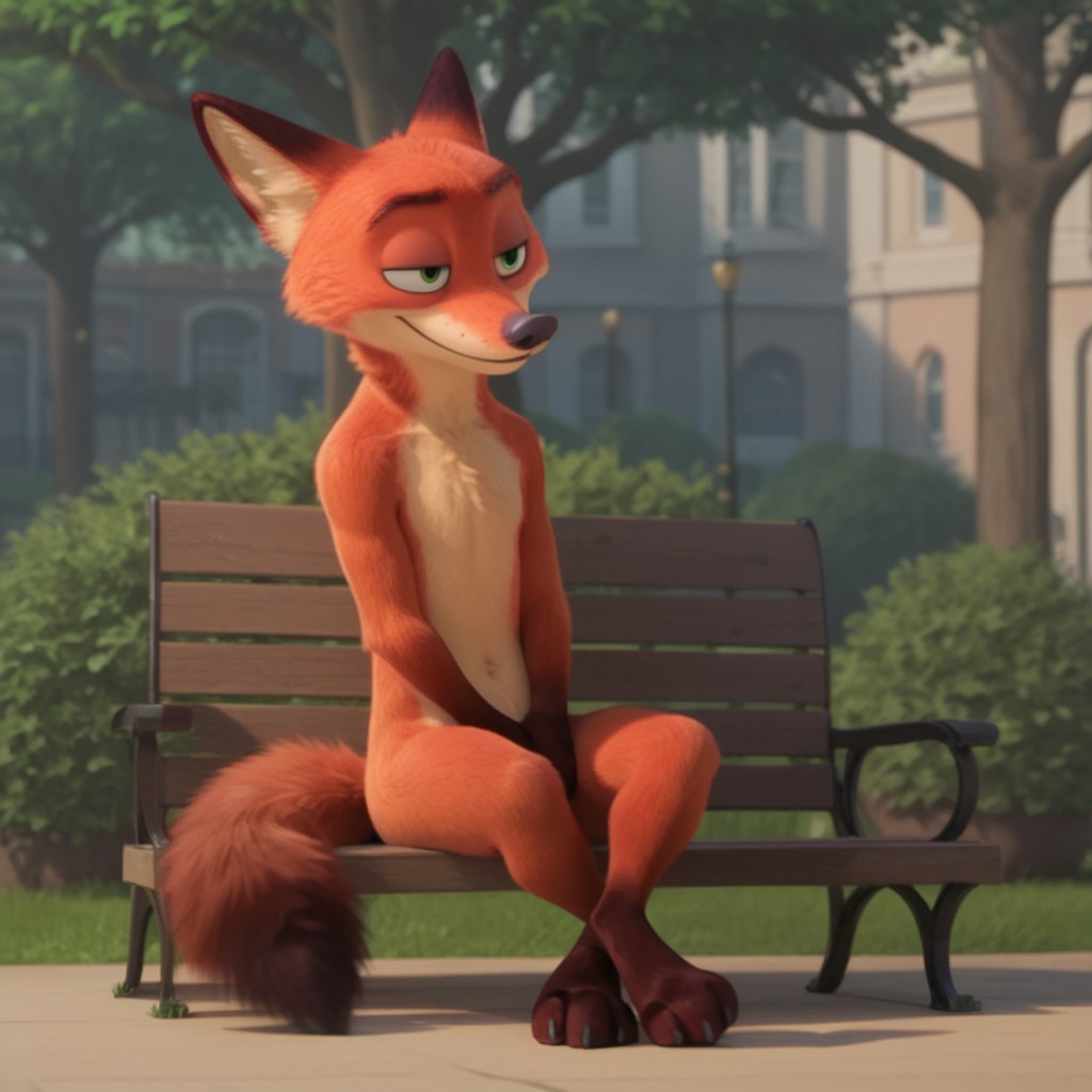score_9, score_8_up, score_7_up, score_6_up, score_5_up, score_4_up, source_furry, WildeNickzt, anthro, male, fox, orange fur, green eyes, sitting, on a park bench, crossed legs, smile,  hands covering crotch,