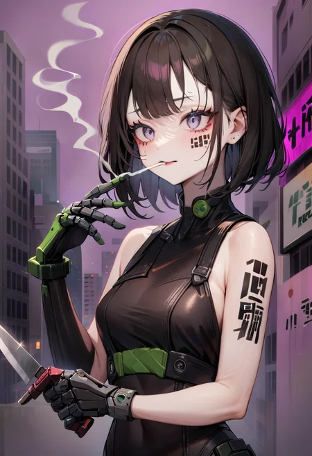 1girl, Japanese, Cyberpunk(green and purple background, big buildings, neon signs, open bars, prostitutes offering themselves:1.2),smoking,
black armored suit, one arm sleveless, sidbob, short black undercut hair, mechanical arm, mechanical eye, holding Knife, looking to side, barcode tattoo under eye, number tattoo in arm,
<lora:lora_YamiStyle_xl_v1_amg:1.0>