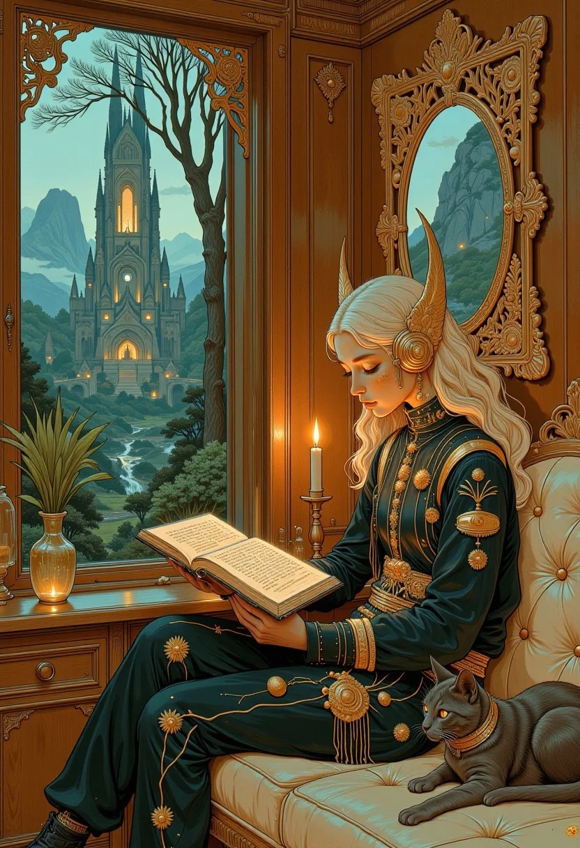 The elven princes in embroidered tunic and trousers reads inside her cyberpunk room with wood paneling, cat, alien forest landscape outside, cyberpunk and post-apocalyptic themes, ambient lighting, complementary colours, painterly, illustration, hyp3rd3tail style
