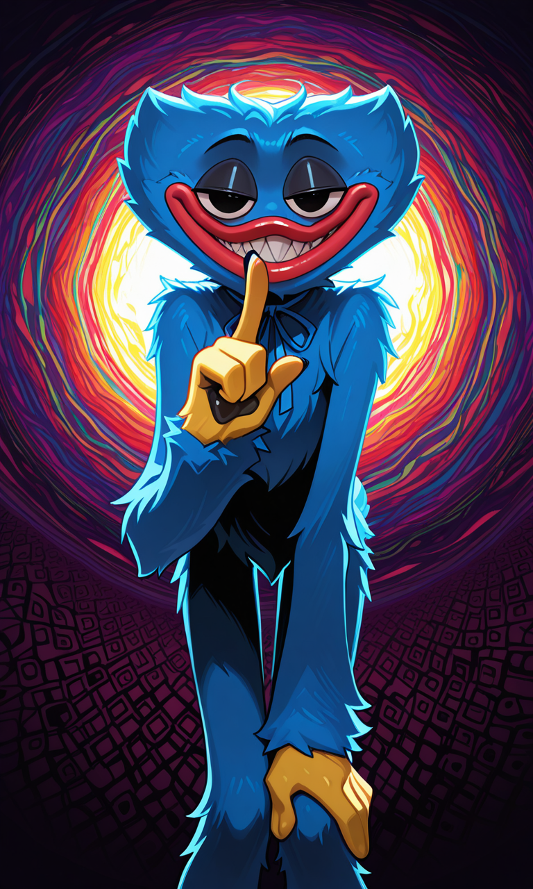 huggy_wuggy, no nose, masterpiece, amazing quality, ultra-detailed, no humans, male focus, furry male, 1boy, solo, blue fur, yellow hands, pawpads, red lips, blue tail, neck ribbon, blue ribbon, black eyes, sharp teeth smile, red lips, parted lips, half-closed eyes, narrowed eyes, hand up, index finger raised, shushing, bent over, hand on own leg, low-angle view, from below, looking at viewer, body fur, fluffy body fur, extra fluffy, lanky, skinny, straight-on, from front, long arms, cowboy shot, deer tail, 
BREAK 
colorful, psychedelic background, patterned background, dark, backlighting, perfect lighting, 
score_9, score_8_up, score_7_up, score_6_up, 