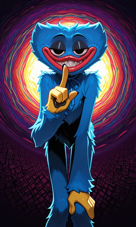 huggy_wuggy, no nose, masterpiece, amazing quality, ultra-detailed, no humans, male focus, furry male, 1boy, solo, blue fur, yellow hands, pawpads, red lips, blue tail, neck ribbon, blue ribbon, black eyes, sharp teeth smile, red lips, parted lips, half-closed eyes, narrowed eyes, hand up, index finger raised, shushing, bent over, hand on own leg, low-angle view, from below, looking at viewer, body fur, fluffy body fur, extra fluffy, lanky, skinny, straight-on, from front, long arms, cowboy shot, deer tail, 
BREAK 
colorful, psychedelic background, patterned background, dark, backlighting, perfect lighting, 
score_9, score_8_up, score_7_up, score_6_up, 