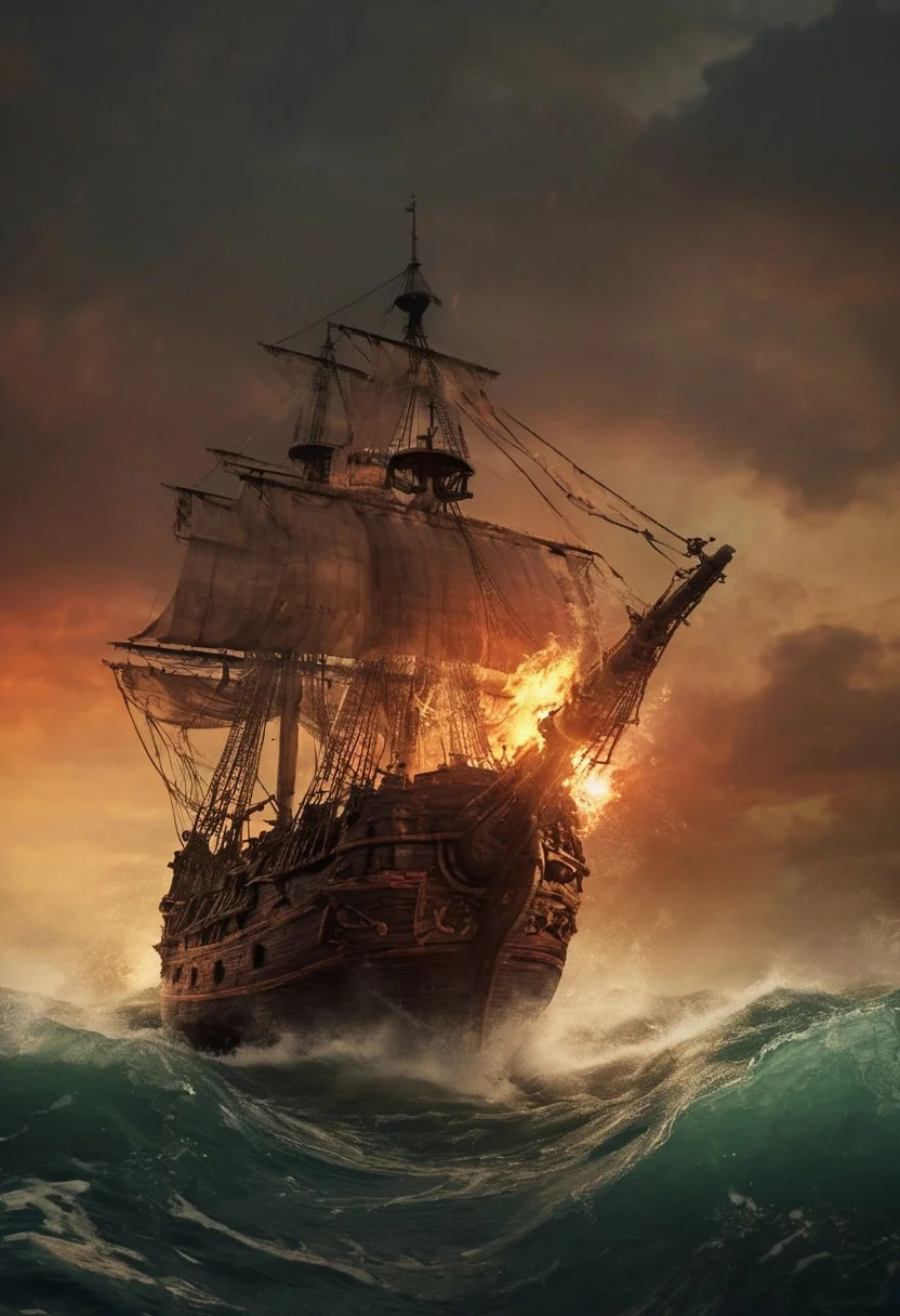 pirate ship, sailing in the rough ocean, moody, with a high-budget. The image has a film grain and is very detailed, with a photo realistic, candid camera effect. The color grading is cinematic, with eye-catching light and natural imperfections, cannon firing on side deck, reddish sky (0.75), explosion, fire