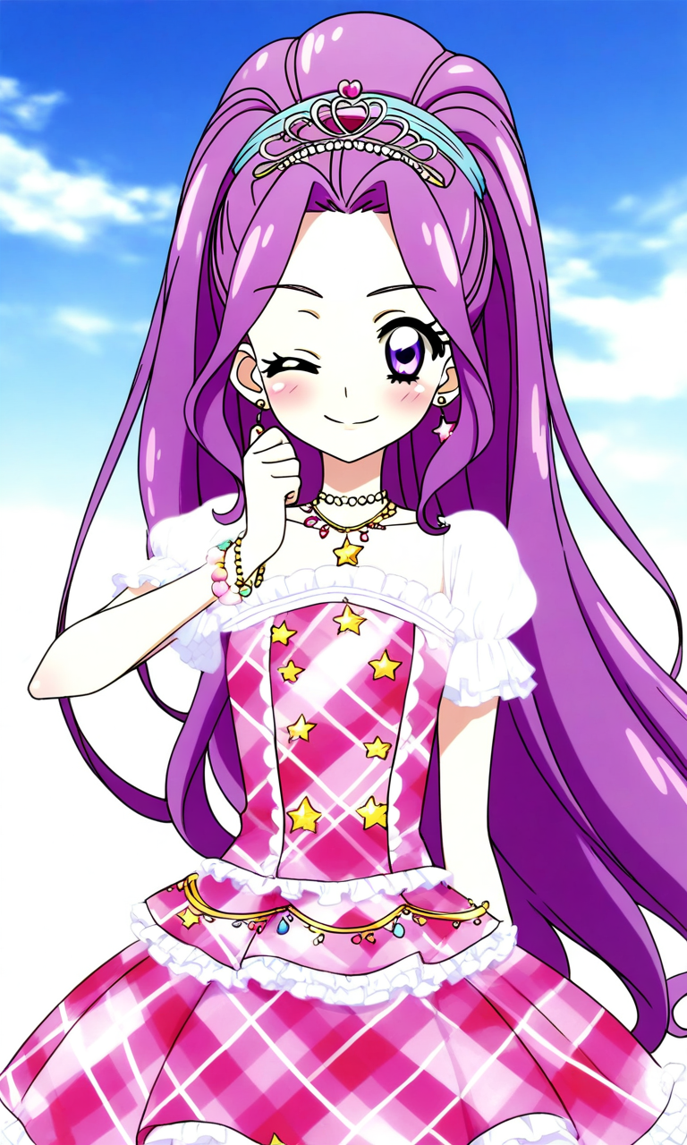 general,highres, ultra-detailed,very aesthetic,best quality ,best hands, BREAK <lora:Kanzaki_Mizuki_aikatsu!_IS:1>
kanzaki_mizuki(aikatsu!), 1girl, solo, purple hair, purple eyes, long hair, ponytail, high ponytail, hairband, very long hair,
one eye closed, smile, pink dress, jewelry, 
necklace, star (symbol), looking at viewer, ;), bracelet, tiara, argyle, gradient background, gradient, plaid, frills,
sky, outdoor,