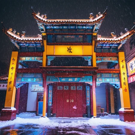 4k,realistic,photograph,analog film photo Deep photo,ferrania p30 film,Kodachrome,grainy,chinese style,night,
a beautiful cyberpunk building in a cyberpunk street,neo light,colorful,bloom,heavy snow,lightning,storm,
east asian architecture,<lora:east_asian_architecture:0.7>,