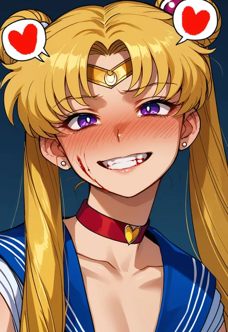 score_9,score_8_up,score_7_up, <lora:ratatatat74_style_pdxl_goofy:1>sailor moon, tsukino usagi, 1girl, blonde hair, blood, blood on face, blood stain, choker, circlet, collarbone, furrowed brow, grin, hair over shoulder, jewelry, long hair, meme, purple eyes, red choker, sailor collar, sailor moon redraw challenge \(meme\), sailor senshi uniform, smile, solo, teeth, twintails,full-face blush, nose blush,