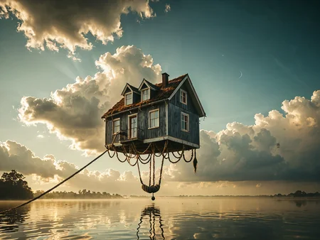 Professional photography. award winning cinematic photo.
Surreal. Muted tones. (A house floating in the sky at the end of a long rope:1.95). Lens flare.