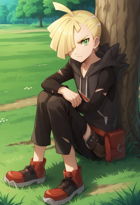 score_9, score_8_up, score_7_up, source_anime, highly detailed,
gladion, 1boy, solo, male focus, green eyes, blonde hair, ear piercing, fanny pack, piercing, hair over one eye,
black pants, torn clothes, pants, torn pants, hood, hoodie, bangs, red bag, long sleeves ahoge,
hood down, short hair, collarbone, bag, looking at viewer, shoes, red footwear,
outdoor, grass, tree, back against tree, day, hug own legs, sit,