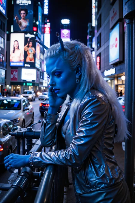 A hyper-realistic portrait, photorealistic photo close-up image of In a bustling neon-lit street filled with holographic signs and futuristic cars zooming by, an Andorian woman with white hair leans casually against a metal railing, her blue skin glowing faintly under the city lights. Sheâs dressed in a sleek, metallic jacket and high-tech boots, her antennae twitching as she watches the chaotic nightlife unfold around her. The sounds of electronic music pulse from a nearby club, while a group of street performers juggle glowing orbs just a few feet away. She grins as a small drone buzzes by, offering her a neon-colored drink, which she grabs with a laugh. Taking a sip, she leans over the railing, watching the massive holo-billboards flicker overhead with advertisements for the latest tech. Just as sheâs about to leave, her ponytail catches on a passing hover-bikeâs rear antenna, yanking her head back with a surprised yelp. The rider apologizes profusely, and she laughs it off, rubbing her neck and flipping her ponytail back into place with a smirk. (photography, high-resolution, dynamic, energetic,hyper-realistic, dramatic lighting, shallow depth of field.), detailmaximizer, MythP0rt<lora:midjourney_whisper_flux_lora_v01:0.55><lora:aidmaMJ6.1-FLUX-V0.1:0.4><lora:FluxMythP0rtr4itStyle:0.4><lora:detailed_flux_ntc:2.2><lora:aidmaImageUpgrader-FLUX-V0.1:0.65><lora:andorian_FLUX>