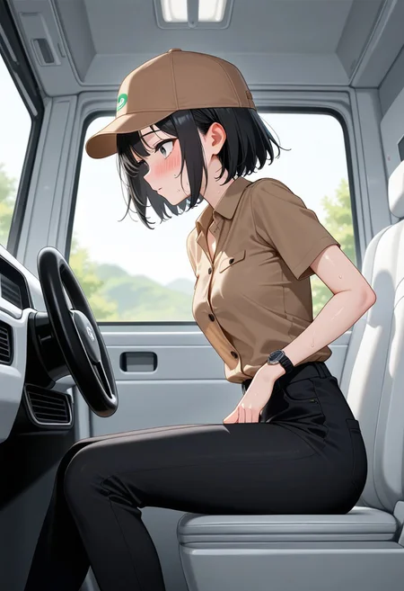 lazypos, (((((inside ups delivery van))))), driver's seat, side view, BREAK, woman, adult, very skinny, tiny breasts, ((((((short black hair)))))), grey eyes, ((((((brown button up shirt, black pants, brown cap)))))), black wristwatch, BREAK, sweating, blushing, sitting