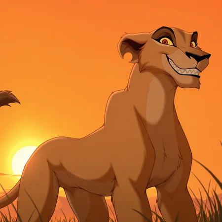8k, uncensored, masterpiece, best quality, highly detailed, realistic, 1girl, solo, ZiraTKL, furry, feral, feline, pantherine, tan body, tan fur, yellow sclera, red eyes, black pupils, black nose, notched ear, tail, brown tail tuft, medium tail, smile, closed mouth, sharp teeth, grin, (looking at viewer, all fours, africa, sunset, grass, front view, detailed background, upper body,