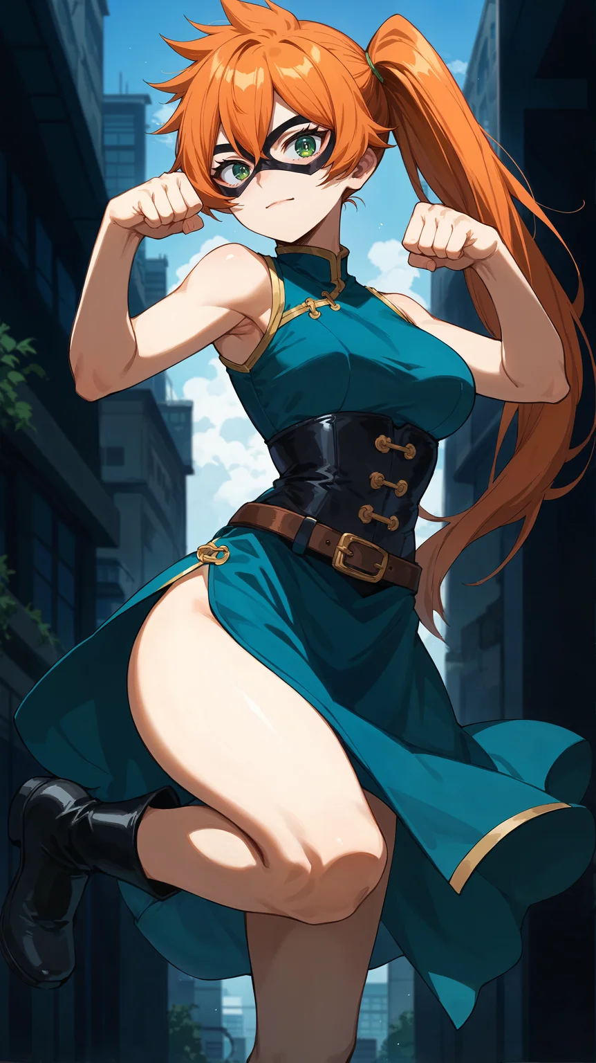 score_9,score_8_up,score_7_up,score_6_up, <lora:xl_more_art-full_v1:0.5>, source_anime, girl, dynamic pose, bunny pose, <lora:Itsuka Kendo (Battle Fist) - Pony-000004:0.8>, long hair, orange hair, side ponytail, green eyes, chinese dress, blue dress, (short dress), black corset, black mask, domino mask, brown belt, black boots, modern city, factory, skyscrapers,