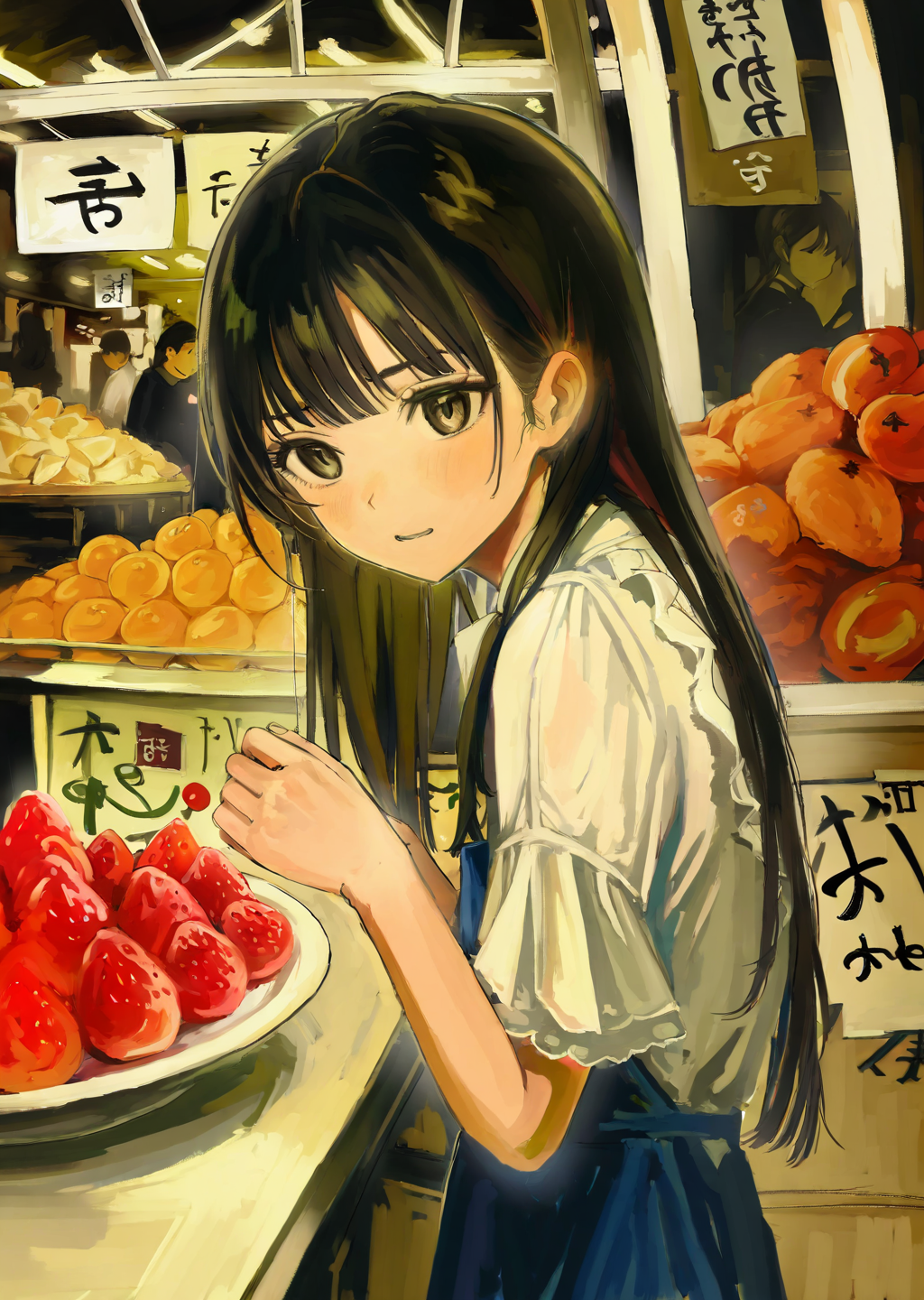 by   iwzry 
1girl in a lively marketplace. She explores colorful stalls filled with exotic fruits, her eyes wide with curiosity. A gentle breeze ruffles her hair as she samples a piece of fruit, her expression a mix of delight and wonder
anime,
 best quality, masterpiece,