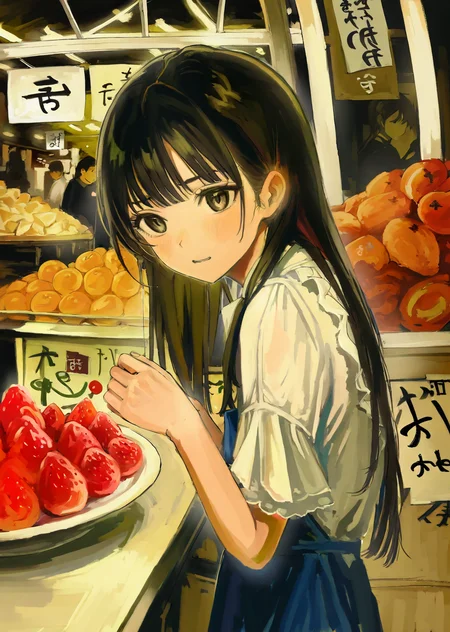 by iwzry
1girl in a lively marketplace. She explores colorful stalls filled with exotic fruits, her eyes wide with curiosity. A gentle breeze ruffles her hair as she samples a piece of fruit, her expression a mix of delight and wonder
anime,
best quality, masterpiece,