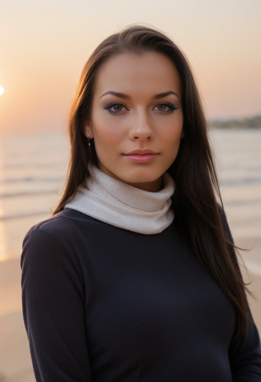 score_9, score_8_up, score_7_up, K4l3n4Rios, Kalena Rios, <lora:K4l3n4Rios-000008-pony:1>, 1girl, (olive skin), skin pores, 8k, skin texture, details, makeup, lips, long hair, white scarf, sweater, portrait, solo, looking at viewer, bokeh, focus, film, ektachrome, beachside, sunset, magic hour, artistic, best quality, photograph, focus