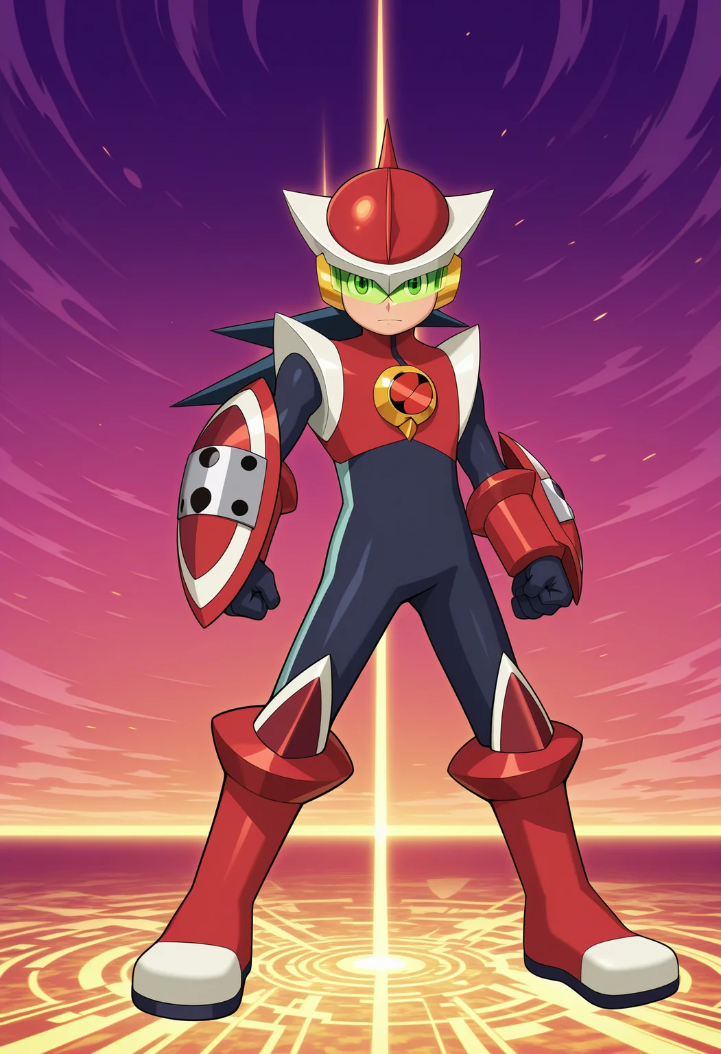 masterpiece,best quality,amazing quality BREAK megaman.exe,protoman.exe,double soul \(mega man\),1boy,male focus,solo,helmet,standing,bodysuit,armor,red footwear,full body,boots,looking at viewer,legs apart,clenched hands,green-tinted eyewear,red helmet,black bodysuit,closed mouth,gloves,shield,arm shield,netnavi,assault visor,tinted eyewear,cyber world,<lora:Proto_Soul_V1-1:1>,official art,