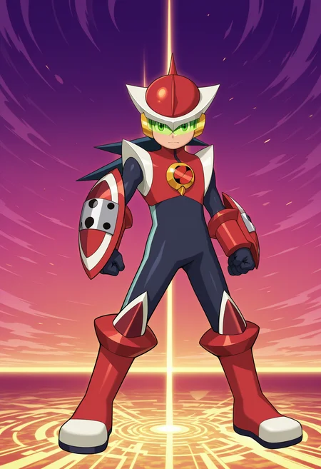 masterpiece,best quality,amazing quality BREAK megaman.exe,protoman.exe,double soul \(mega man\),1boy,male focus,solo,helmet,standing,bodysuit,armor,red footwear,full body,boots,looking at viewer,legs apart,clenched hands,green-tinted eyewear,red helmet,black bodysuit,closed mouth,gloves,shield,arm shield,netnavi,assault visor,tinted eyewear,cyber world,<lora:Proto_Soul_V1-1:1>,official art,