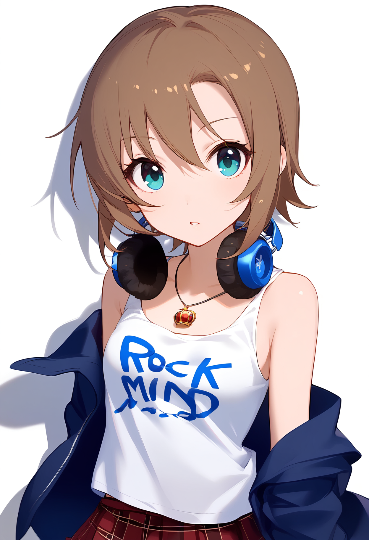 1girl,
tada riina,


looking at viewer, tsurime, headphones around neck, breasts, eyelashes, blue eyes, standing, plaid, bare shoulders, off-shoulder shirt, clothes writing, jewelry, alternate hair length, collarbone, sidelocks, light brown hair, solo, star \(symbol\), pendant, necklace, skirt, simple background, hair between eyes, small breasts, parted lips, plaid skirt, red skirt, arm at side, pleated skirt, alternate hairstyle, shirt, white background, off shoulder, long hair, tank top, headphones, blue shirt,

sfw
<lora:a31_char_new_tada_riina:1> <lora:a31_style_koni-000010:0.8>