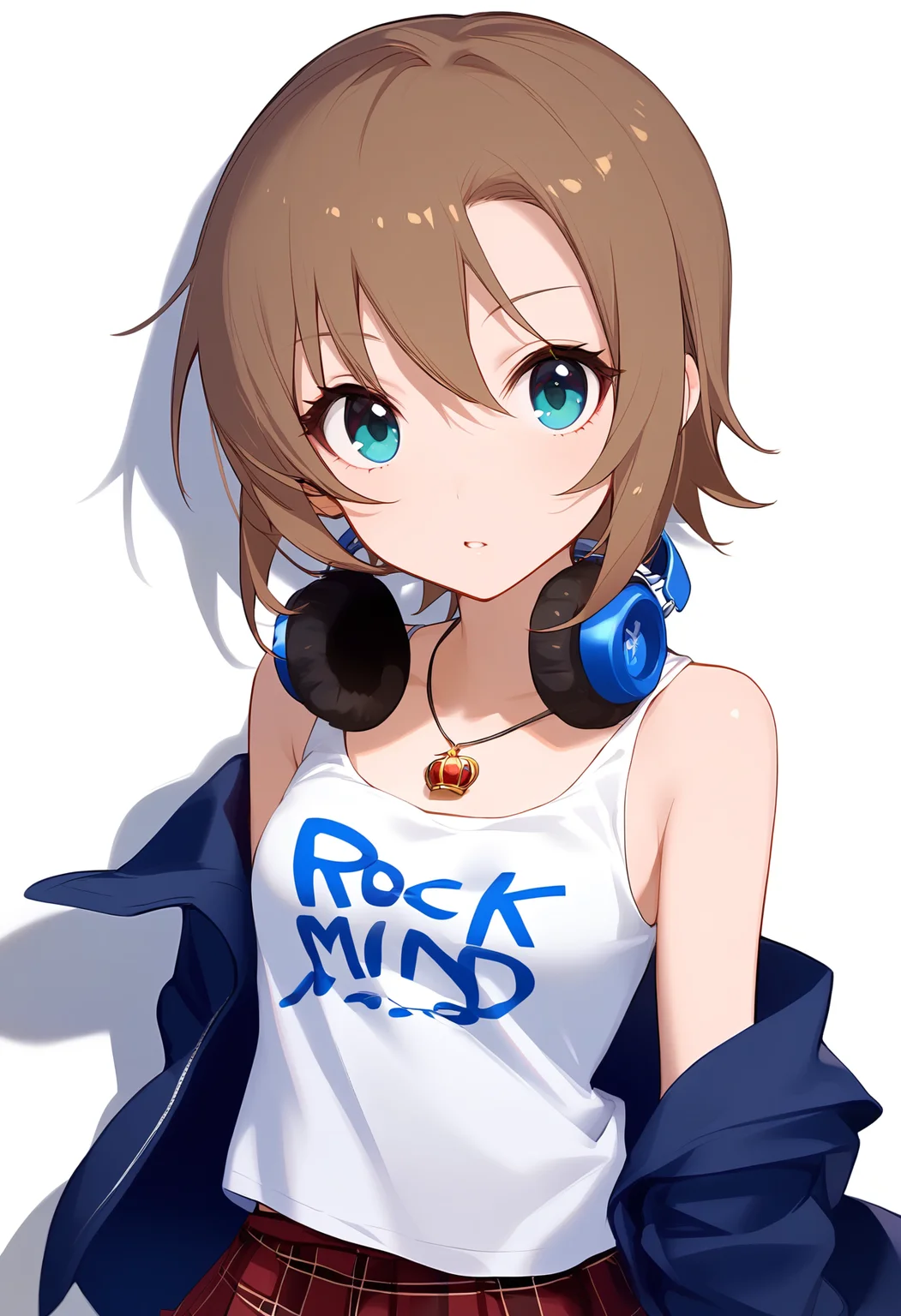 1girl,
tada riina,
looking at viewer, tsurime, headphones around neck, breasts, eyelashes, blue eyes, standing, plaid, bare shoulders, off-shoulder shirt, clothes writing, jewelry, alternate hair length, collarbone, sidelocks, light brown hair, solo, star \(symbol\), pendant, necklace, skirt, simple background, hair between eyes, small breasts, parted lips, plaid skirt, red skirt, arm at side, pleated skirt, alternate hairstyle, shirt, white background, off shoulder, long hair, tank top, headphones, blue shirt,
sfw
<lora:a31_char_new_tada_riina:1> <lora:a31_style_koni-000010:0.8>